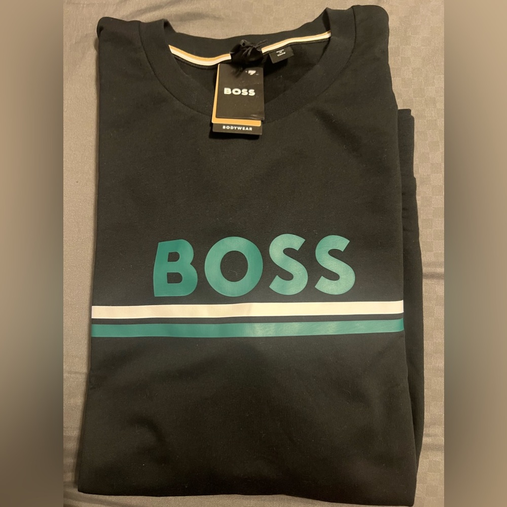 Hugo Boss Black Crewneck with Teal Logo and Stripes